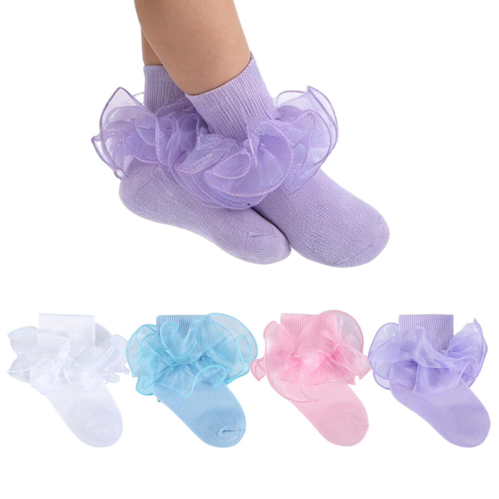 Dioxay Baby Girls Ruffle Socks 2-Layer Lace Frilly Turn Cuff Fancy Dress Socks for Preemie Newborn Infant Toddler Girl Kids