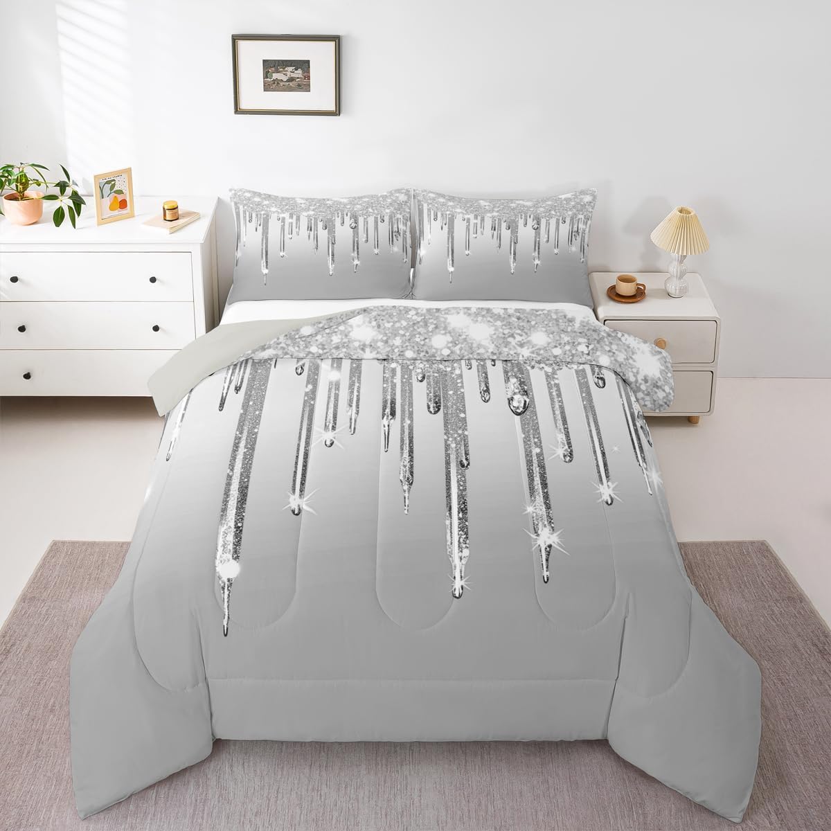 Feelyou Diamond Print Comforter Set Queen Size Gray Glitter Bedding Set for Kids Boys Girls Silver Shiny Duvet Quilt Bedroom Decor Microfiber 3 Pcs with 2 Pillow Cases