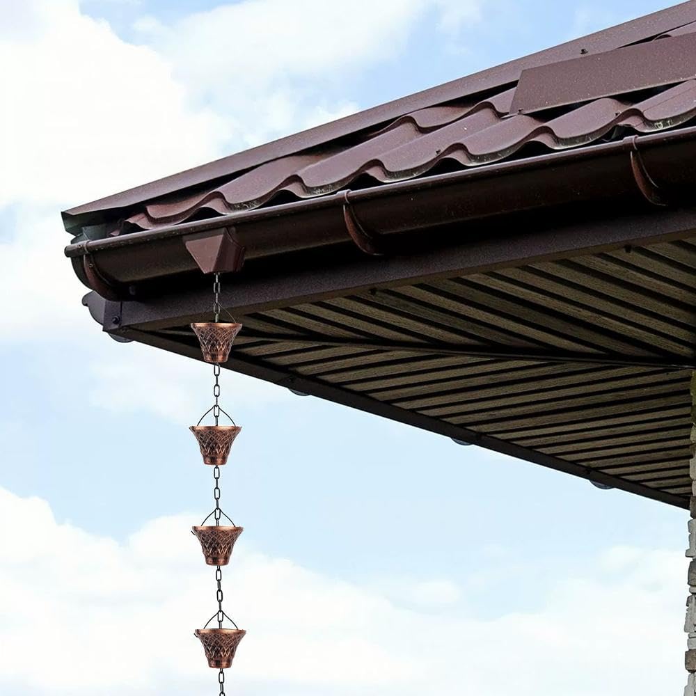 Catene da pioggia per esterni, catena per grondaia da 2,8 m, con 12 tazze a imbuto, catena di ricambio per grondaie, catena raccogli pioggia regolabile con campana per decorazioni da giardino
