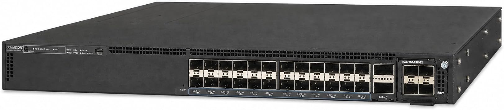 ICX7550-24F-E2 24-Port Managed 1/10G SFP+ Switch, 2X 40/100G QSFP+ Uplinks, Dual 400W PSU, 100Gbps Stacking, 4GB RAM, 1U Rackmount, TAA, Cloud Care Ready