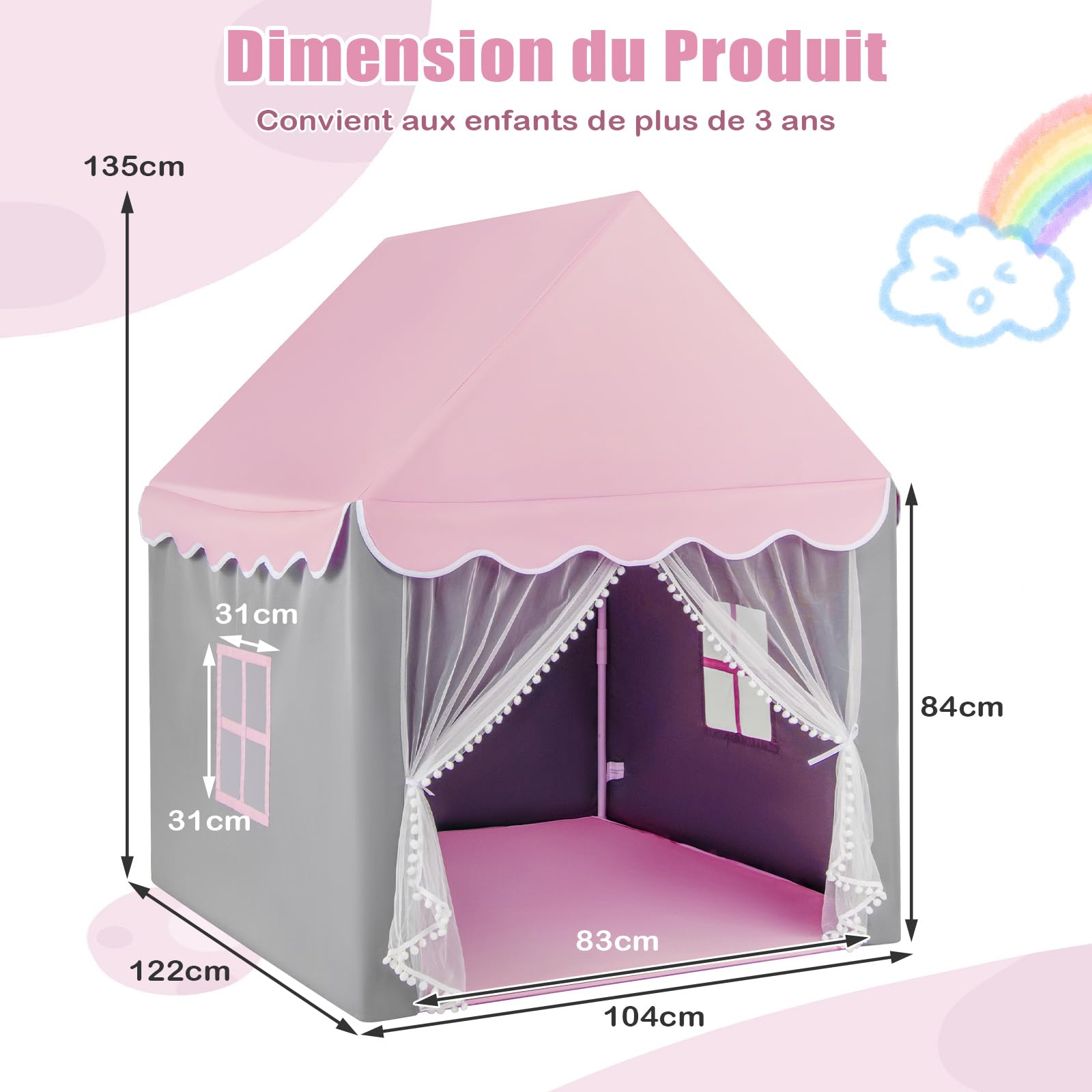 COSTWAY Tente de Jeux pour Enfants avec Lumières Étoiles & Tapis Lavable en Coton, Cabane Enfant Interieur avec Rideau & 2 Fenêtres, Château de Princesse Tente pour 4 Enfants, 104x122x135 cm