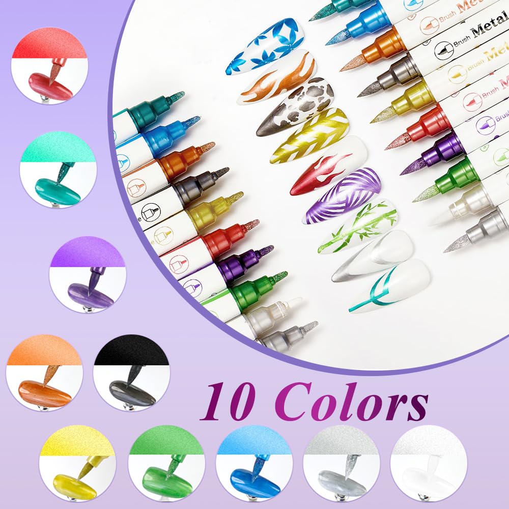 Kit de 10 Stylos Vernis à Ongles, Double Embout Pinceau & Pointe Fine, Vernis 3D Séchage Rapide, Outil de Manucure Professionnel pour Dessin, Détails & Art Graphique