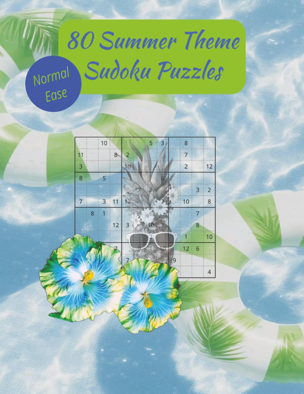80 Summer Theme Sudoku Puzzles Normal Ease: 8.5x11 inches. 4x3 grid. A summer image behind each puzzle.