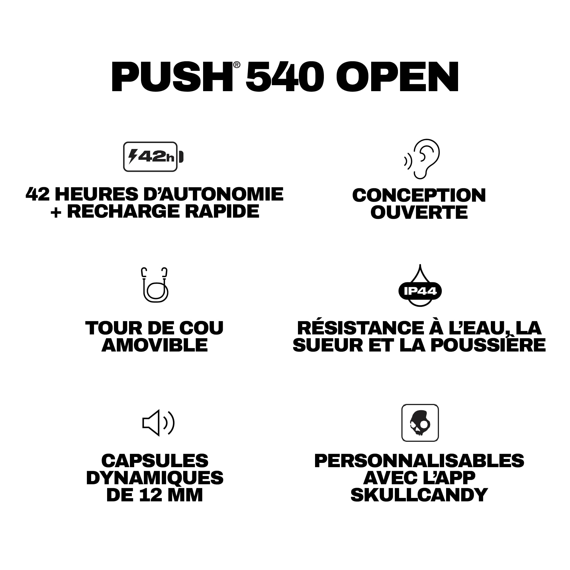 Skullcandy Push 540 Open Écouteurs Bluetooth Ouverts sans Fil, Casques, Résistants à la Sueur et l’Eau, 42 Heures d’Autonomie, Tour de Cou Amovible, Sécurisés - Noir