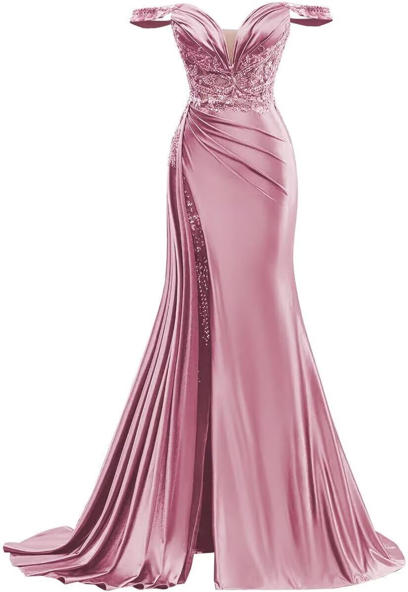 Off Shoulder Satin Prom Dresses Long Mermaid Beaded Formal Dresses Pleated Evening Party Gown with Slit Tail AW718