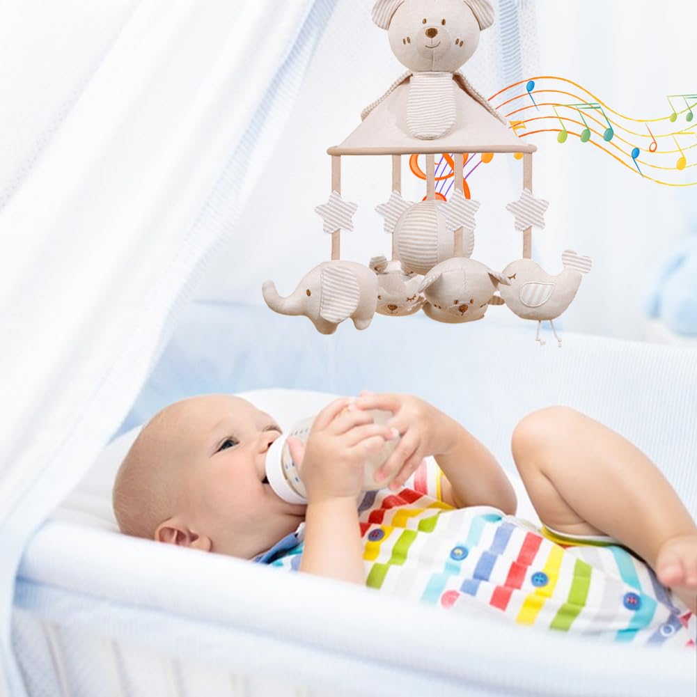 Mobile Musical Lit Bébé, Mobile De Berceau D’animal, Mignon Ours en Peluche Cloche De Lit avec Musique, Berceau Bébé Jouet pour Garçons et Filles de 0 3 6 9 12 Mois, Décoration pour Chambre de Bébé