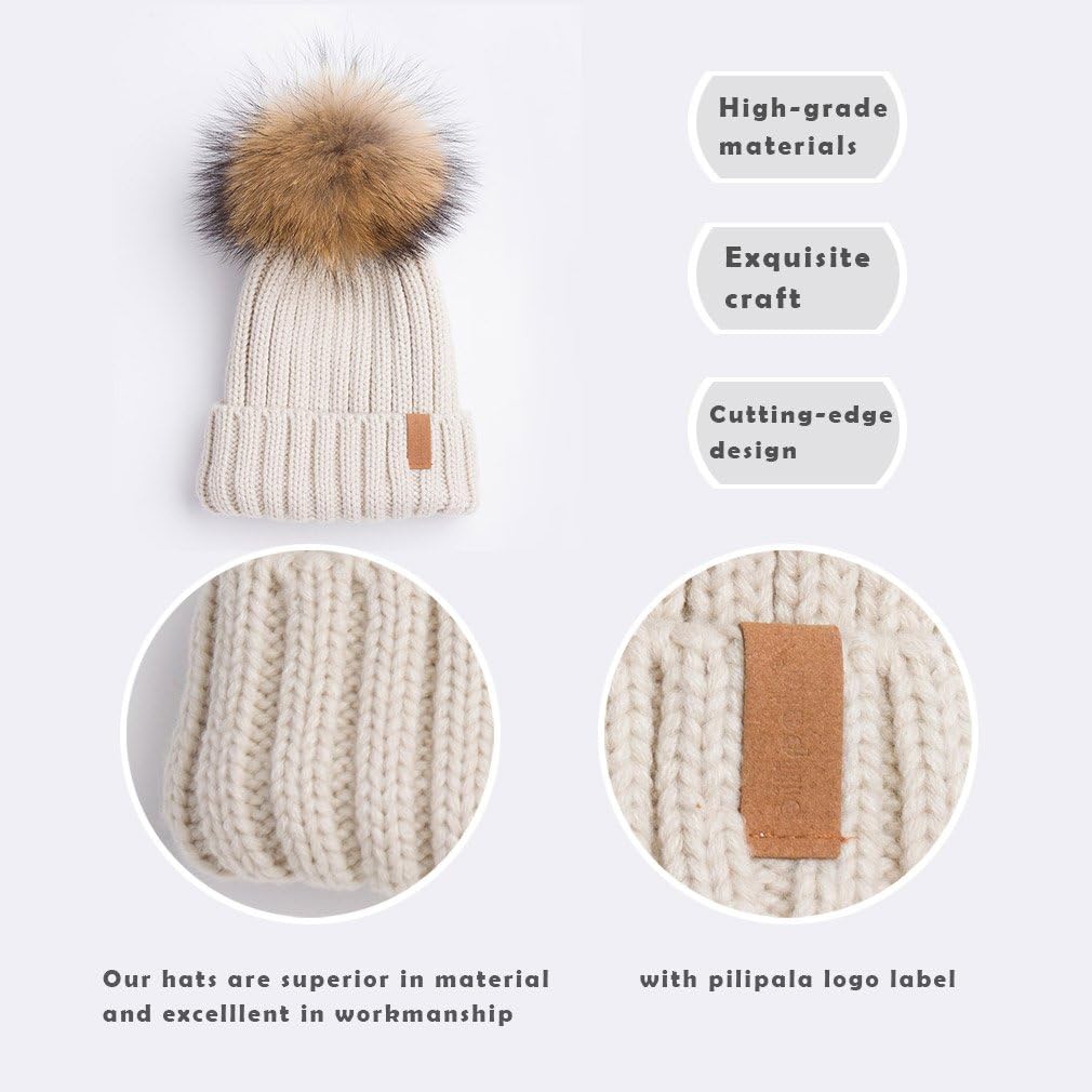 Pilipala Womens Knit Beanies Hats with Fur Pom Bobble Hat Skull Cap Cable Beanie for Women