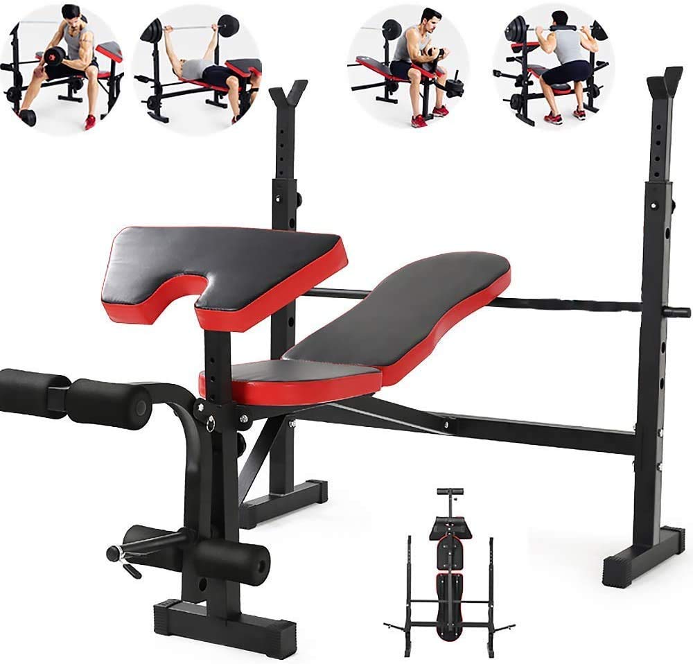 AYCDL Indoor Multifunction Weight Bench Folding Barbell with Dumbbells Strength Training Adjustable Fitness Equipment for Home Print Squat,Red