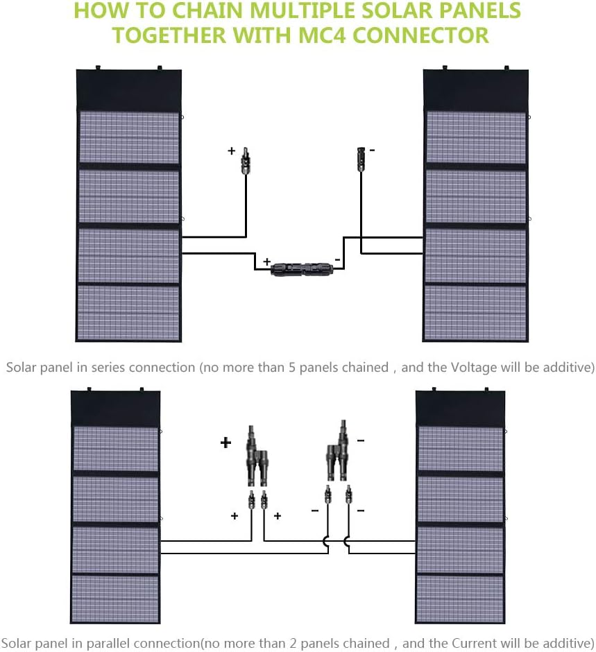 Diagram showing how to chain multiple X-DRAGON solar panels in series and parallel using MC4 connectors