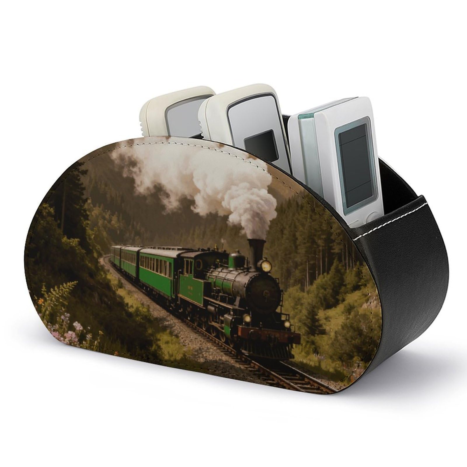 DWVTSLH Steam Car in The Woods Remote Control Holder with 5 Compartments - PU Leather TV Remote Holder Remote Caddy Desktop Organizer Makeup Brush Holder, Remote Storage Box for Home Office