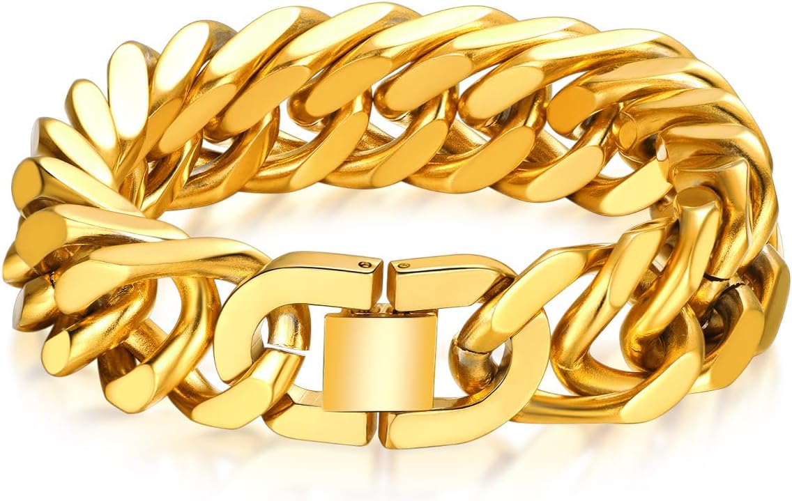Bandmax Cuban Chain Bracelets for Men Women, Stainless Steel/Black/Gold Plated Hip Hop Chunky Miami Curb Link Wristlet Bracelet Gift for Son Grandson Husband Father