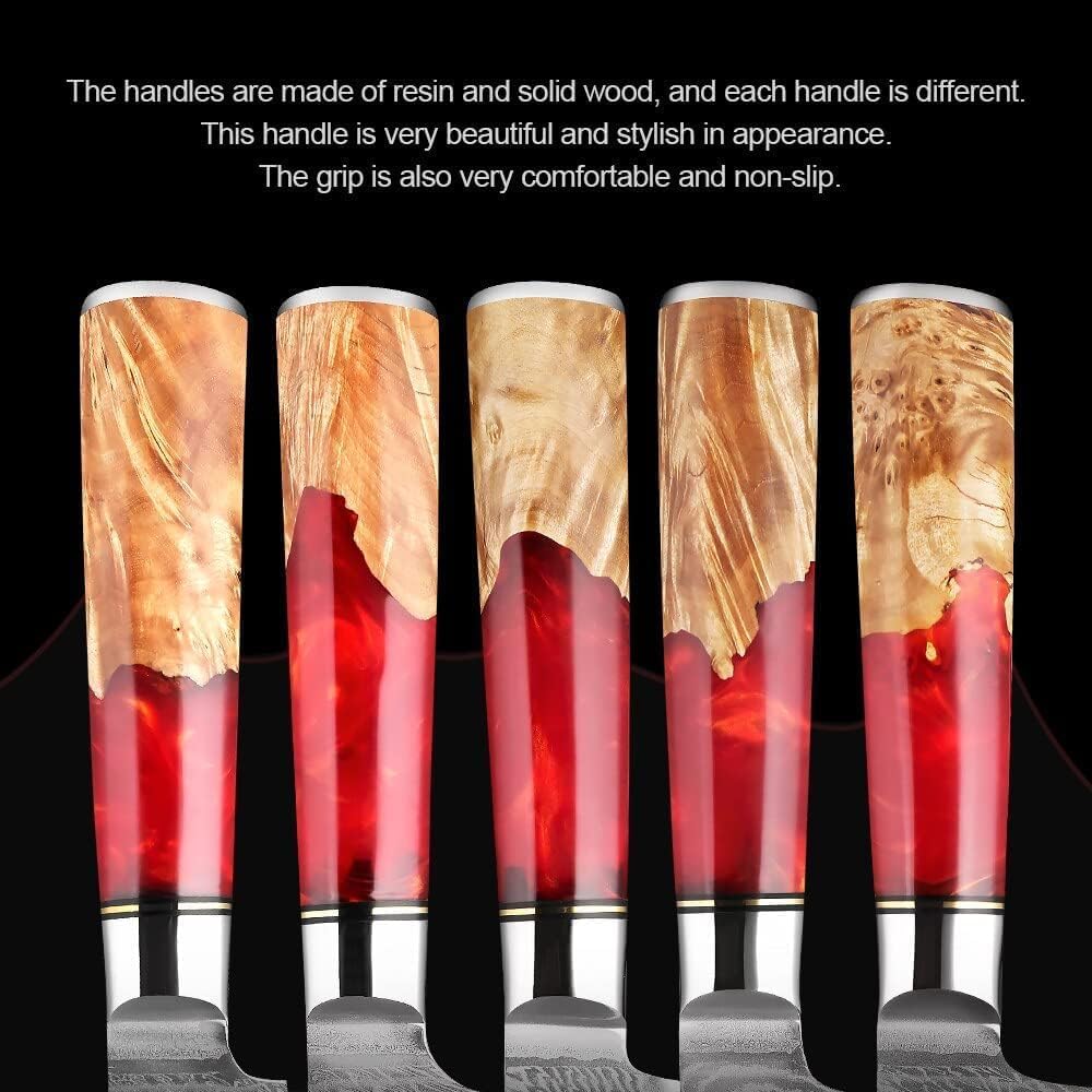 Epicurean Cook Damascus Kitchen Knife Set with VG10 Steel - 8-Piece Japanese Damascus Knife Set for Professional Performance - Ultra Sharp Chef Knives with Burl Wood Red Resin Handles