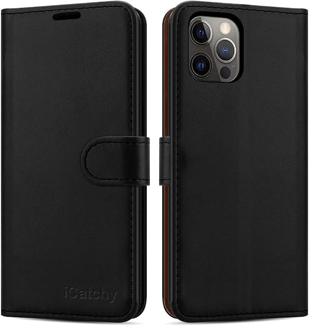 iCatchy for iPhone 12 Case/iPhone 12 Pro case Leather Wallet Book Flip Folio Stand View Case Compatible with iPhone 12 / iPhone 12 Pro (6.1'') Phone Cover (Black)