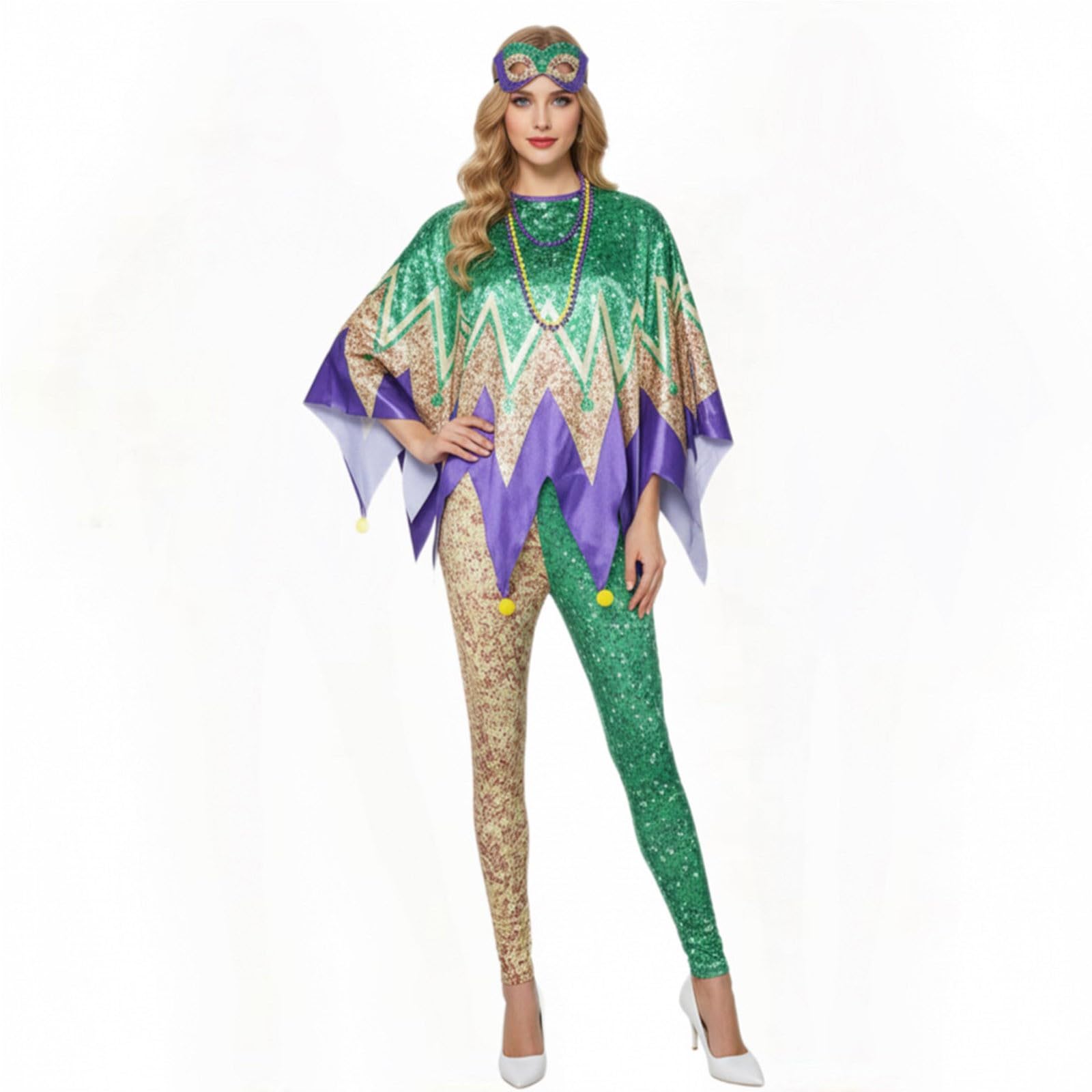 Generisch Costume da carnevale da donna lucido, leggings mantello e benda, set da 3 pezzi, per cosplay, feste, costumi da palcoscenico, costume da carnevale, abbigliamento da festa