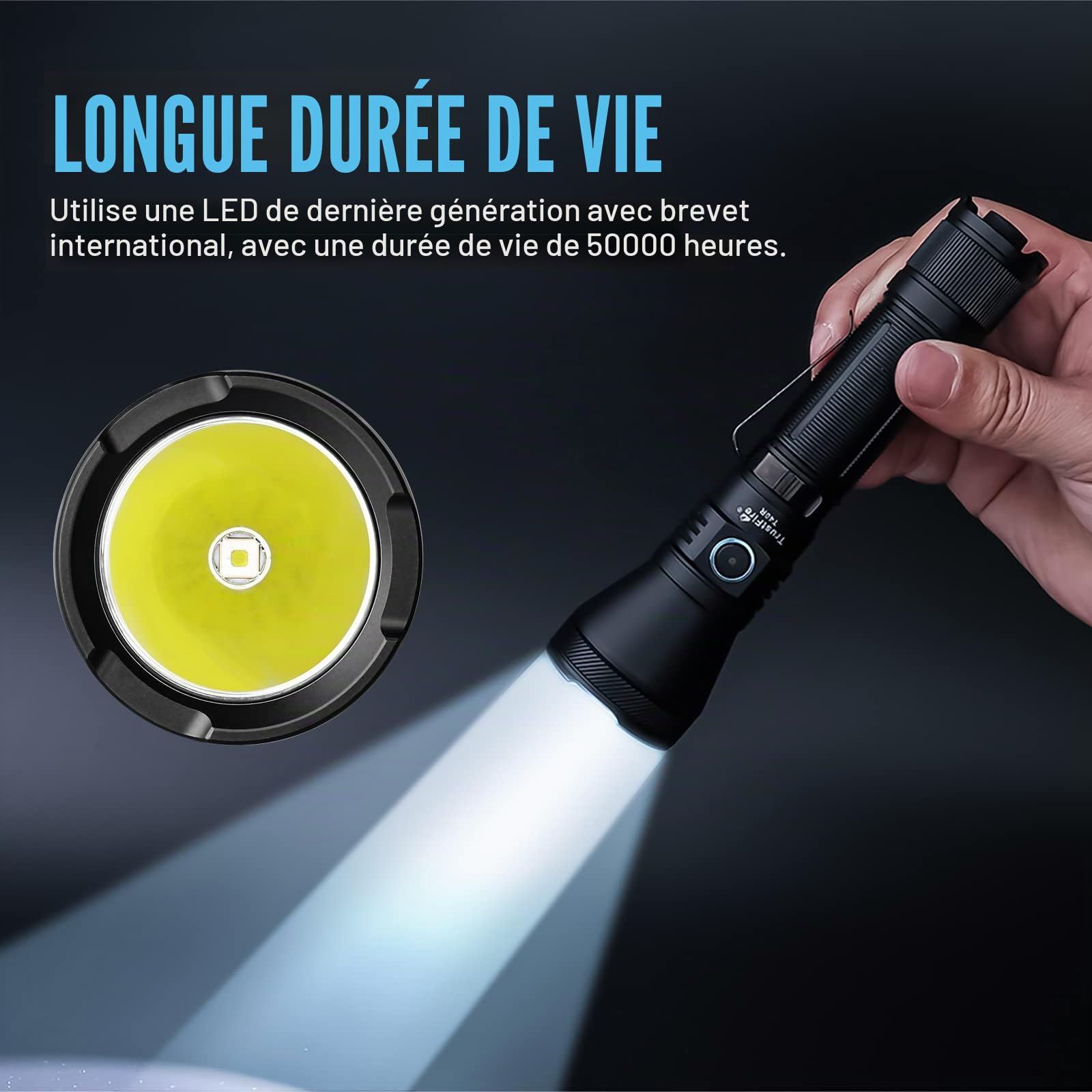 TrustFire T40R Lampe de poche LED, 1800 Lumens, Rechargeable USB, Tactique militaire, Étanche IP68, Portée 550m Torche Puissante, Double Interrupteur, pour Chasse et Camping Randonnée Recherche