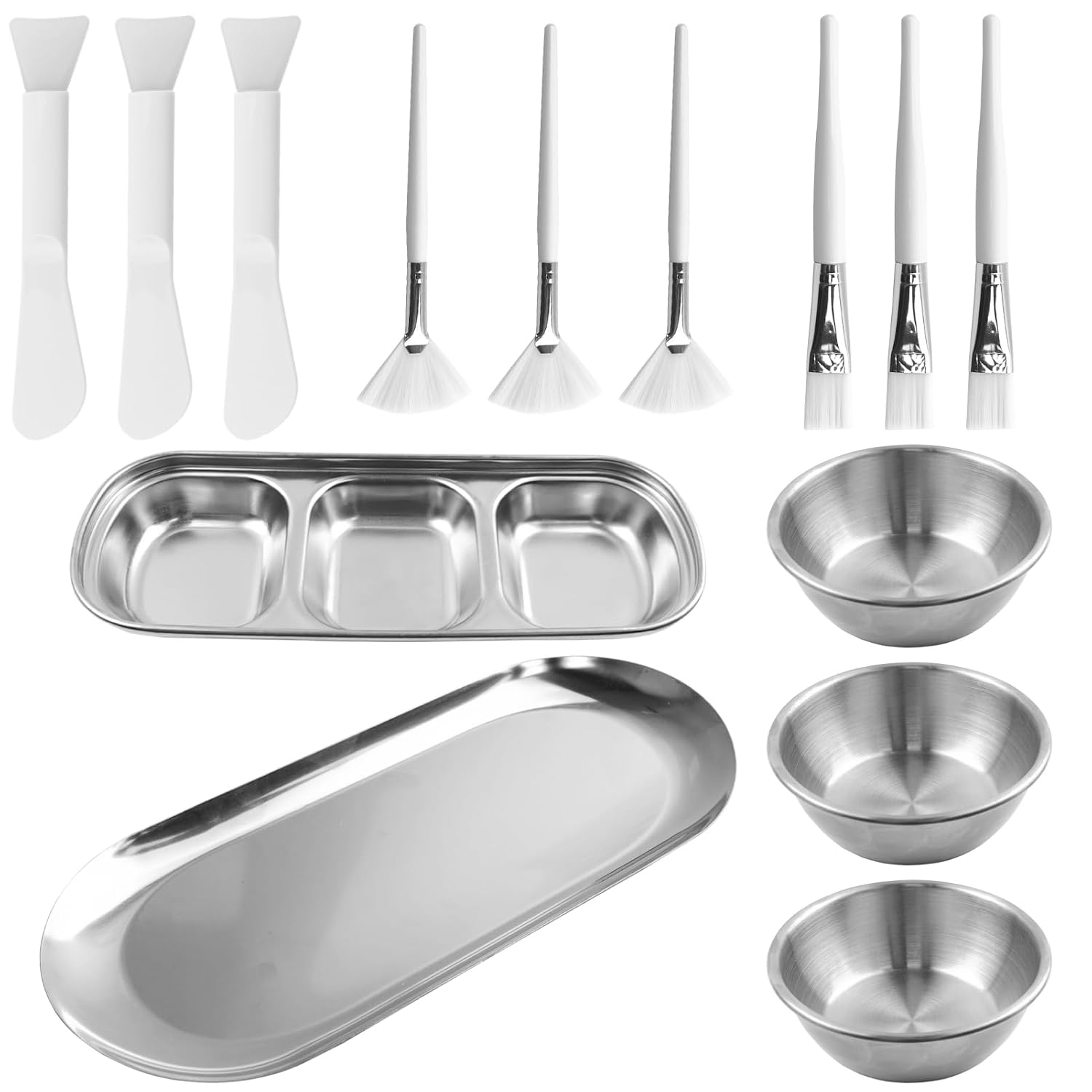 14 Pcs Esthetician Supplies 3 Large Stainless Steel Mixing Bowls 1 Silver Small Serving Tray 1 Serving Tray with 3 Compartment 3 Facial Fan Brushes 3 Face Mask Applicator Brush 3 Facial Mask Scrapers