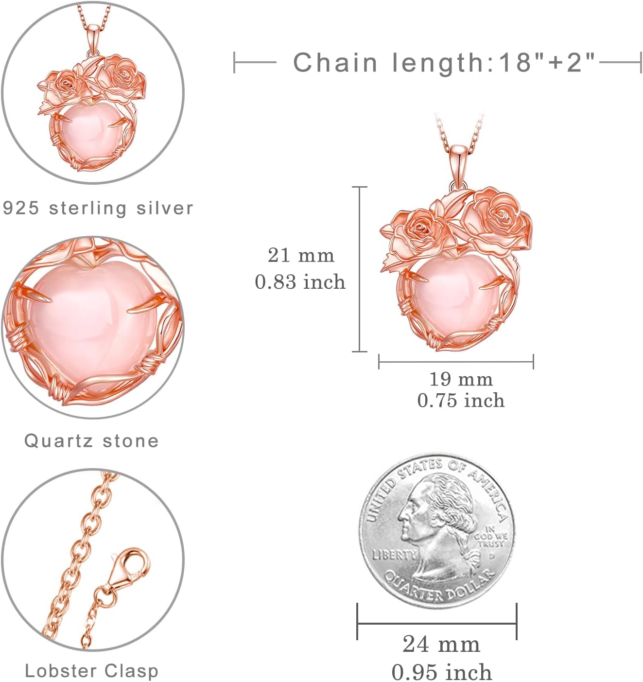 Rose Necklace 925 Sterling Sliver Rose Quartz Heart Pendent Necklace Rose Flower Jewelry Gifts for Women Valentine Mothers Day - Image 4