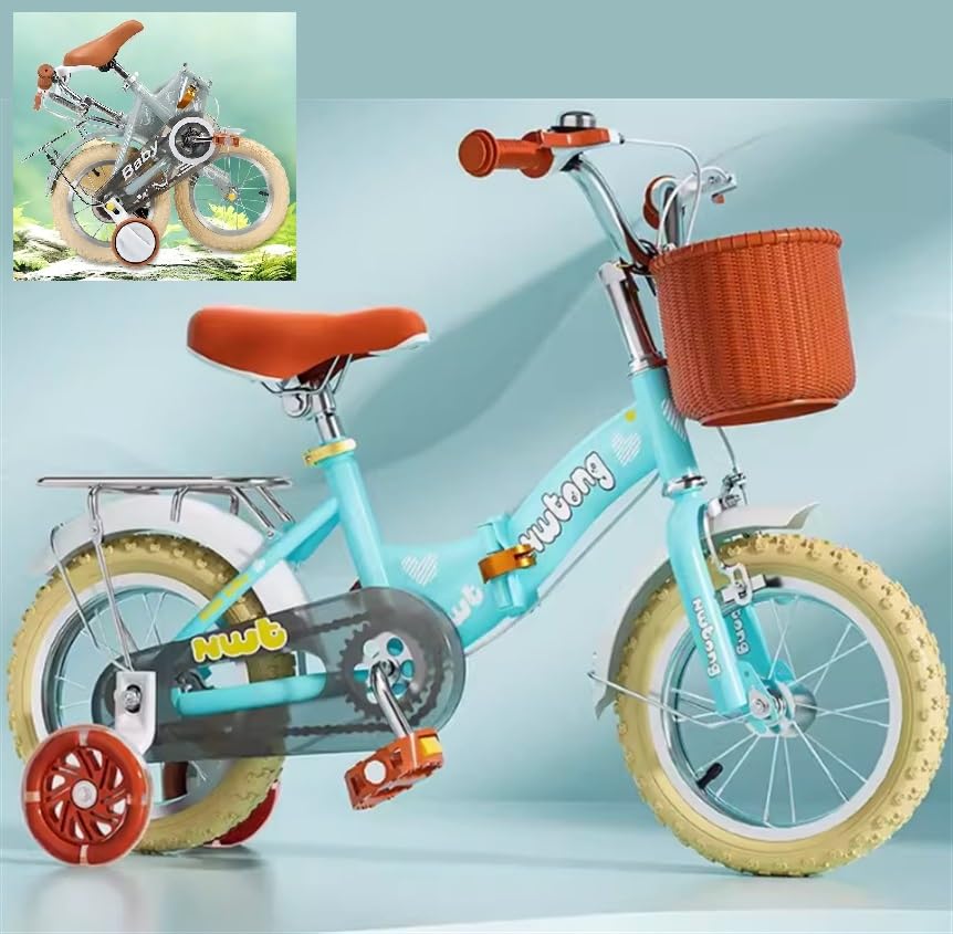 Exclusive Kids folding bike bicycle with removable Rear Carrier, Training/Stabiliser wheels & Basket - 12, 14, 16 & 18 inch (Blue, 16 Inch)
