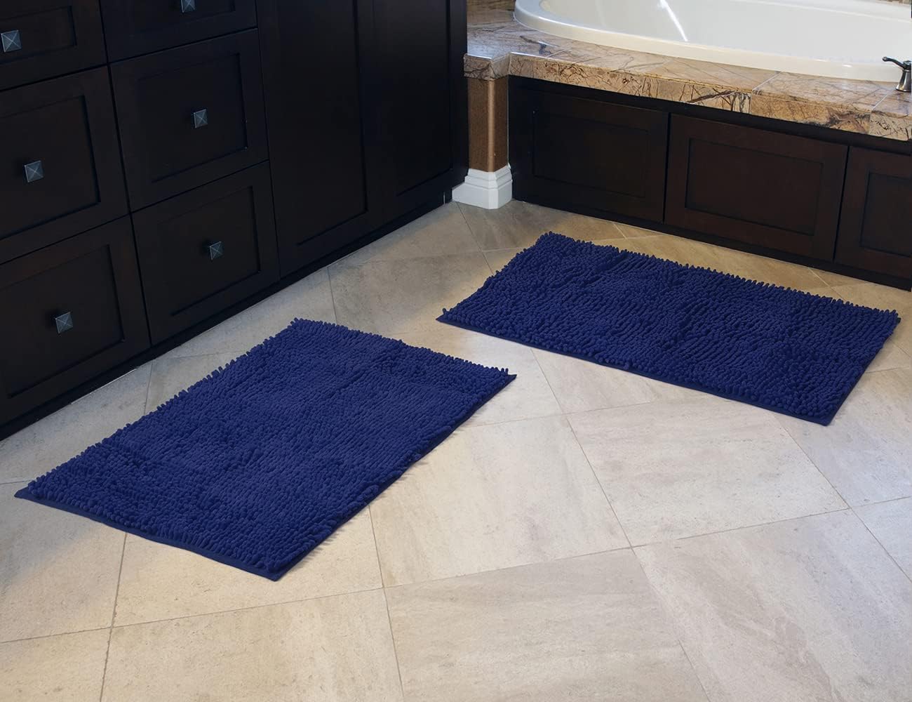 ORANIFUL Navy Blue Bathroom Rug Set 2 Pieces 20x32 Inches Non Slip Shaggy Chenille Bath Mats Plush Toilet Floor Carpet Super Water Absorbent Machine Washable Extra Soft