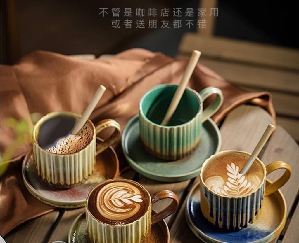 Coffee cup set Ceramic coffee cup and saucer set, retro mug, home restaurant, creative latte art, water cup with spoon(D)