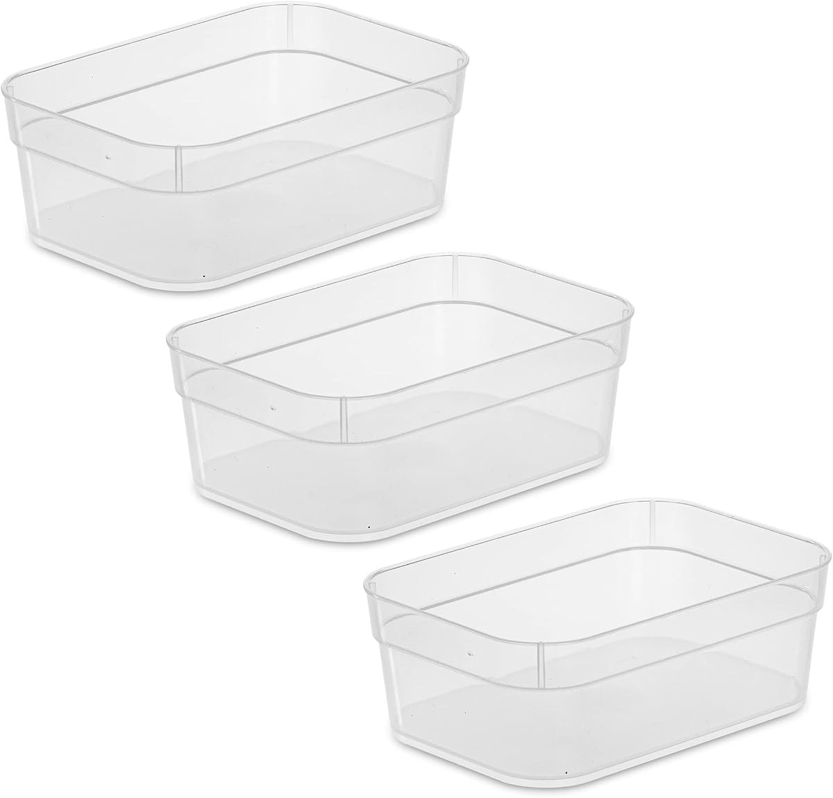 Sterilite 13558608 Medium Storage Trays with Sturdy Banded Rim and Textured Bottom for Desktop and Drawer Organizing, 3-Pack, Clear