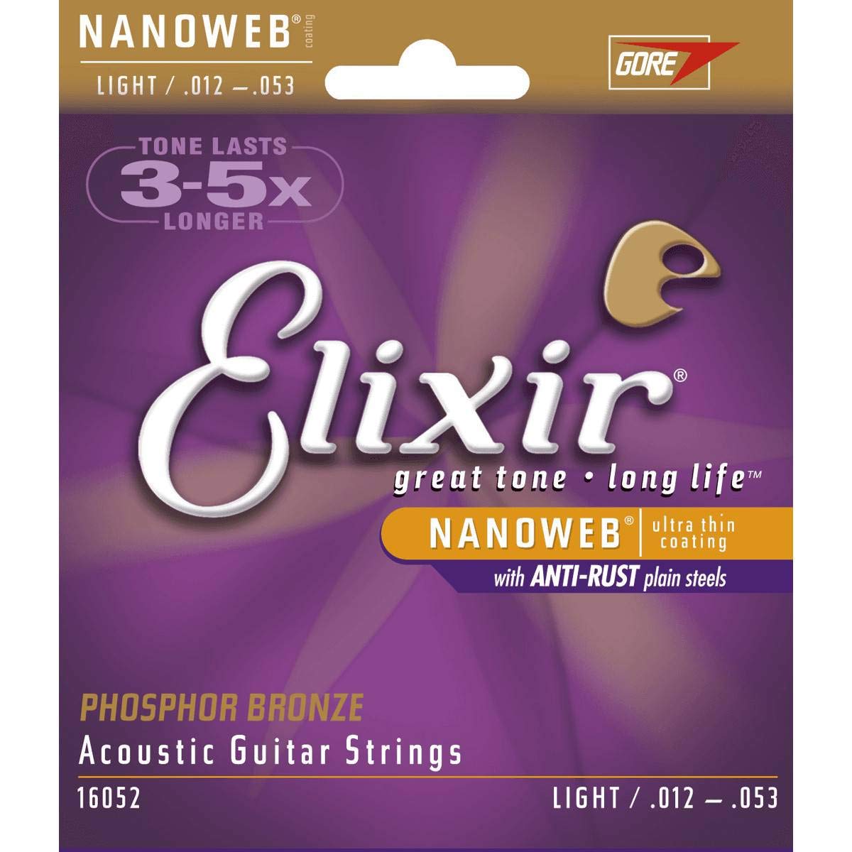 Elixir 16052 zestaw strun do gitary akustycznej (light, brąz fosforowy, z powłoką nanoweb, grubość .012-.053) 2 opakowania