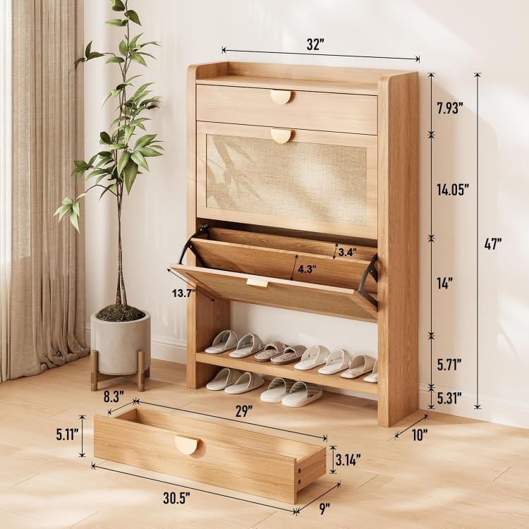 Dimensions of the INNOD Rattan Shoe Storage Cabinet