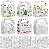 Watersay 24 Pcs Coloring Christmas Treat Boxes Xmas Color Your Own Cardboard Gable Box DIY Goodie Candy Gift Christmas Party Favors with Handles for Xmas Draw Doodle Craft Supplies