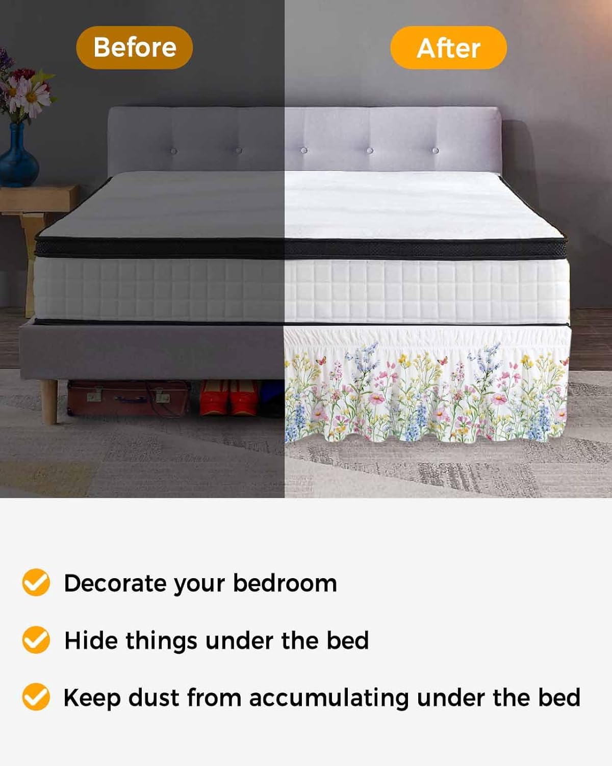 Spring Floral Bed Skirt Queen Size 18 Inch Drop, Elastic Bedskirt Dust Ruffle for Queen Bed, Colorful Watercolor Botanical Summer Wrap Around Bed Skirts Luxurious Pleated Bed Frame Cover