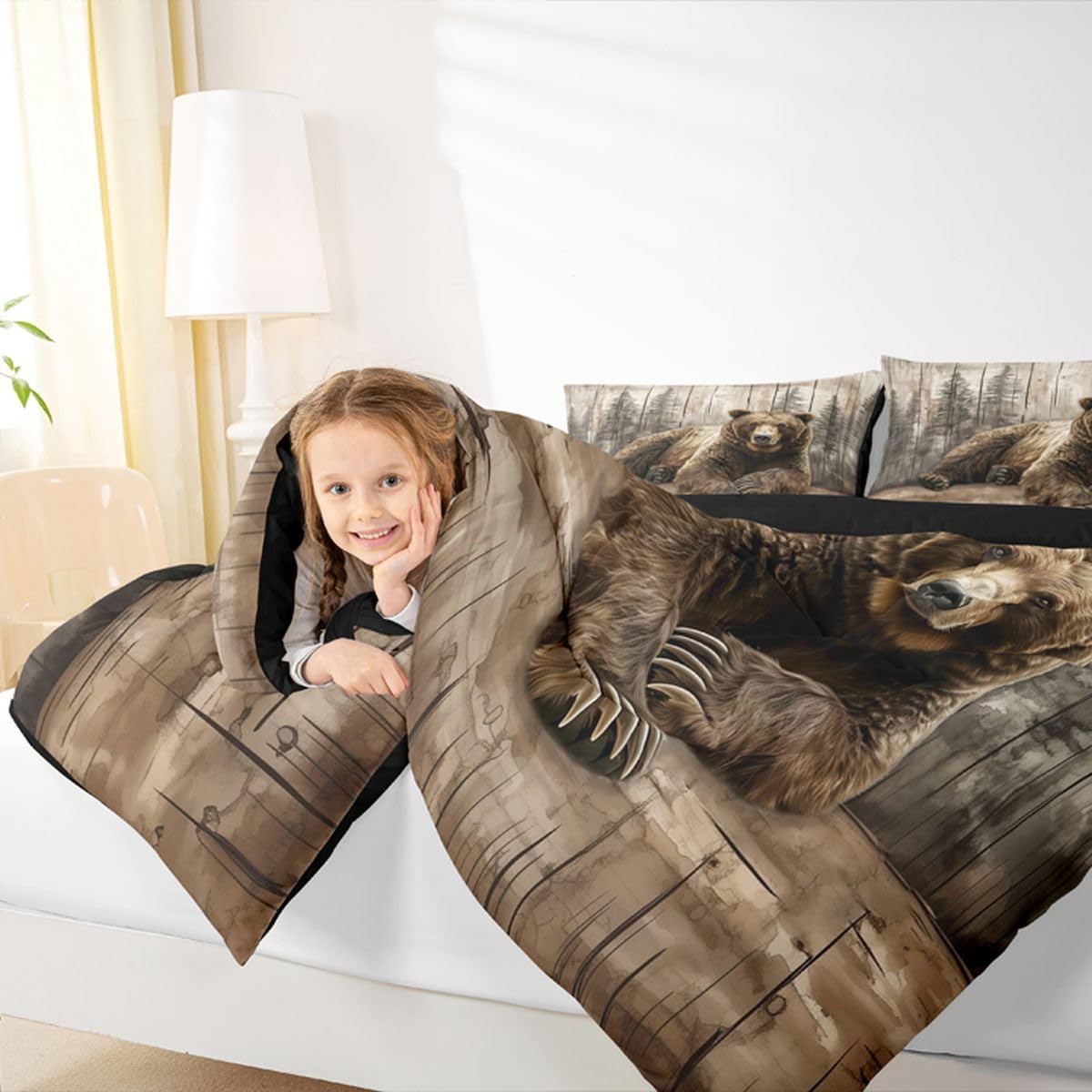 Erosebridal Brown Bear Comforter Set Twin Rustic Farmhouse Cabin Bedding Set Country Hunting Wildlife Comforter for Kids Boys Girls Forest Wild Animal Quilt Duvet