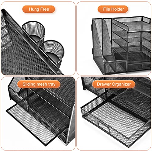 Marbrasse Organizador de escritorio con soporte para archivos, bandeja para cartas de 5 niveles, con cajón y 2 soportes para bolígrafos, escritorio de malla con soporte para revistas