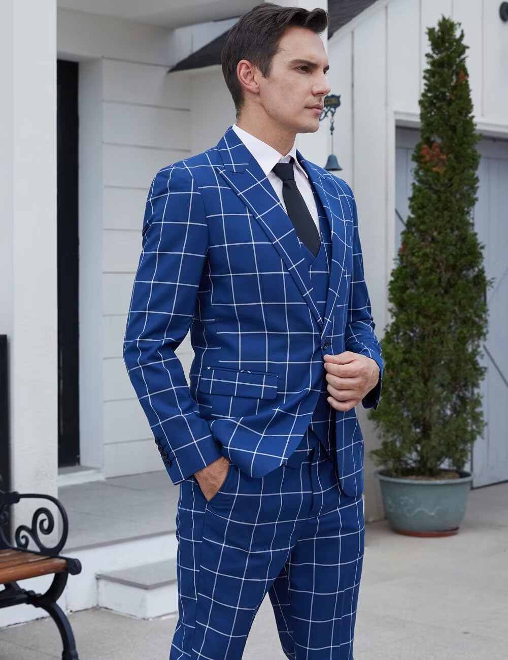 Wangyue Mens Suit Slim Fit 3 Piece Plaid Suits for Men Wedding Checked Prom Tuxedo Formal Business Dress Dinner Party