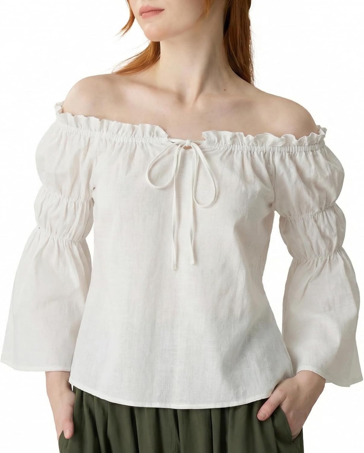 YESSA Renaissance Shirt Women Off Shoulder Bell Sleeve Ruffle Casual Loose Peasant Blouse Tops