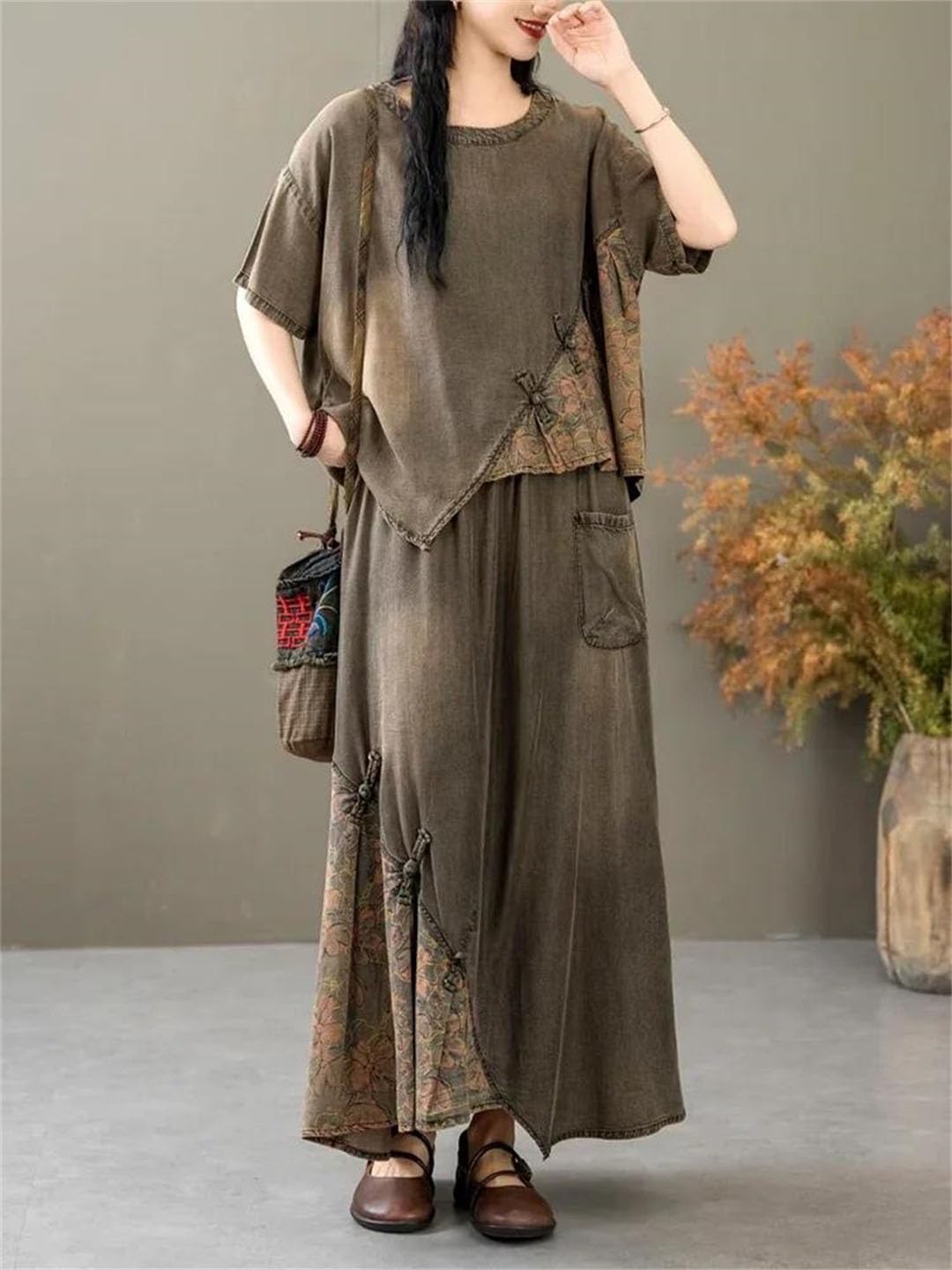 Women's Printed Denim Tops Floral Skirt Two Pieces Sets