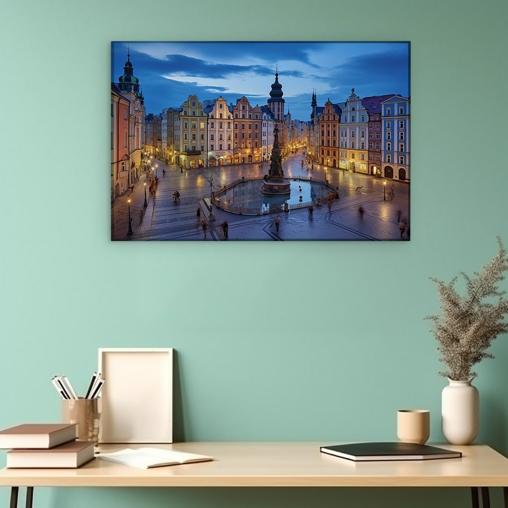 Canvas for Living room. Enchanted Evenings in Poland's Vibrant City Squares, 27 x 18 inch Canvas Wall Art - Urban Global Cities - Modern Home Decor