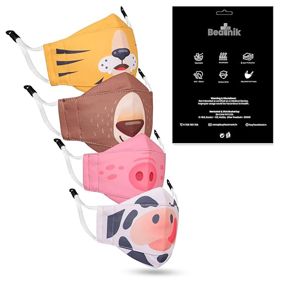 BEATNIK Boys Girls 3D Cotton Cute Designer Mask Reusable Washable Breathable Fabric Mask 100% Cotton Multi-Layer with Adjustable Earloops Without Valve for Children Gifts, Mask, Facemask (3 to 5 Years)