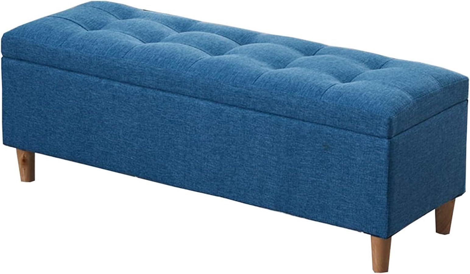 Blue Linen Fabric Folding Storage Ottoman with Hinged Lid Solid Wood Legs Mass Storage Bedroom Bed Stool Living Room Sofa Seat 110cm/43.3in
