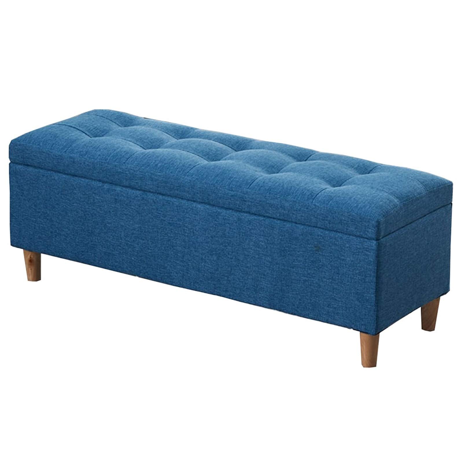 Blue Linen Fabric Folding Storage Ottoman with Solid Wood Legs Home Shoe Changing Stool and Mass Storage Ottoman for Bedroom and Living Room 100cm/39.4in Seat Ottoman