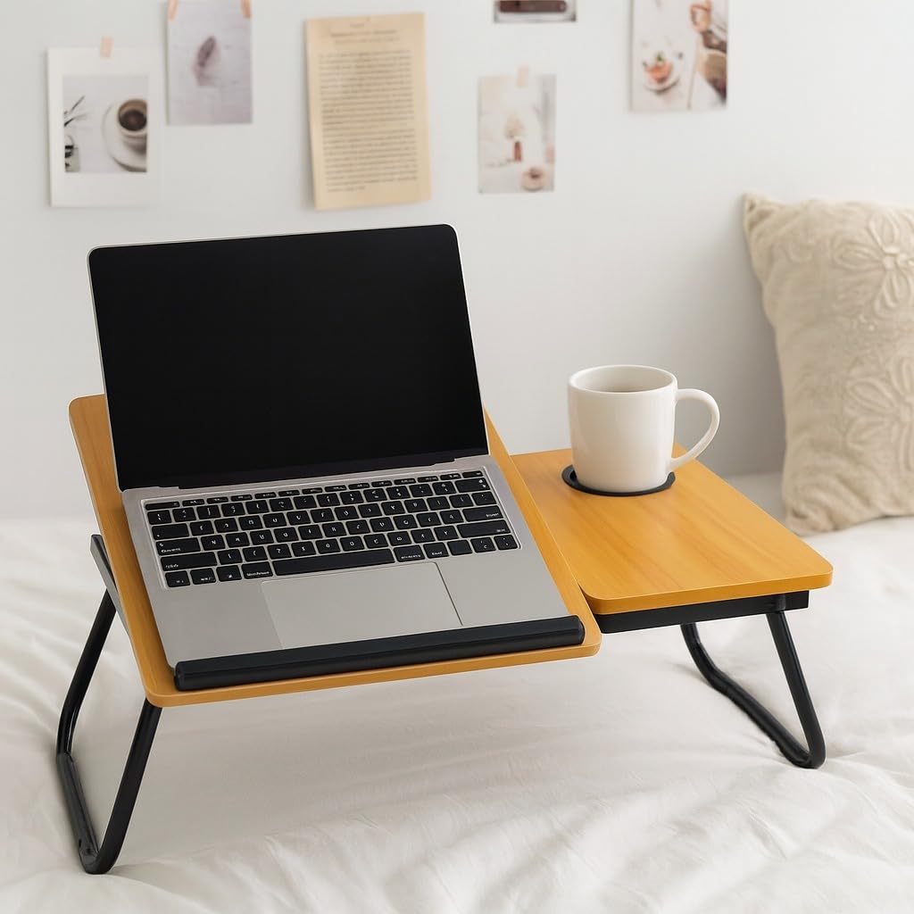 Laptop Desk, Laptop Bed Table with Foldable Legs & Cup Slot, Reading Holder Notebook Stand Breakfast Bed Tray Book Holder for Sofa, Bed, Terrace, Balcony (Brown Wooden)