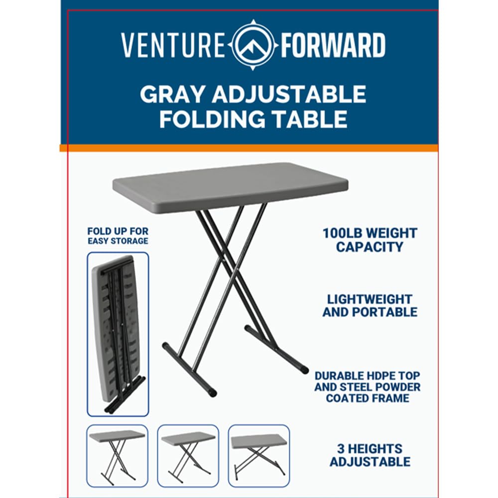 Venture Forward Adjustable Folding Table - Portable and Durable Plastic Foldable Table for Outdoor Activities