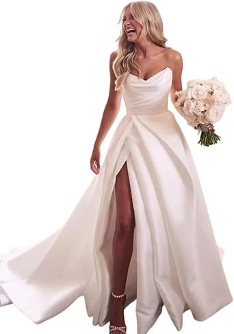 Satin Wedding Dress with Slit Elegant Bride Dresses for Women 2026 Long A Line Sweetheart Neck Bridal Gown