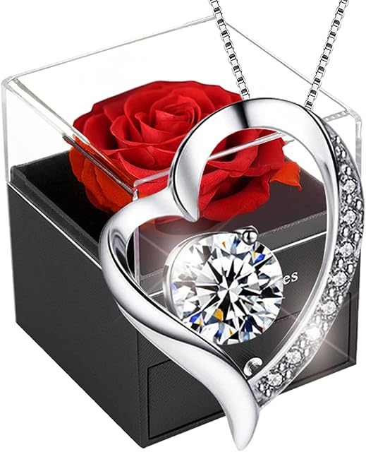 SWEETIME Forever Red Rose Gift Box with Necklace-Real Eternal Rose with 925 Sterling Silver Women Necklace Inside,Enchanted Real Rose Flower Gift for her on Christmas anniversary and Valentine's Day.