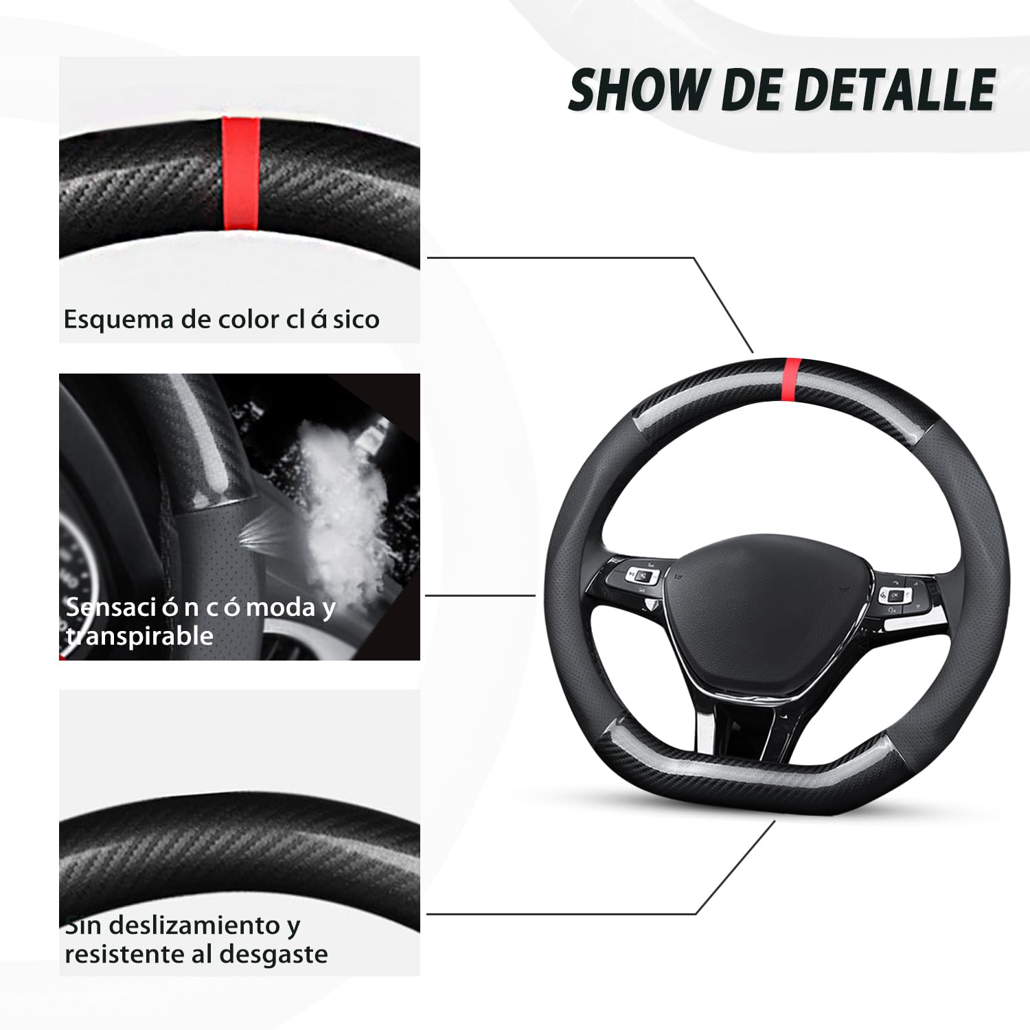 Ergocar Funda Volante De Coche Antideslizante Volante De Coche Protector Forma De D Fibra de Carbono & Cuero PU Para Diámetro 38cm (15 ") (Negro)