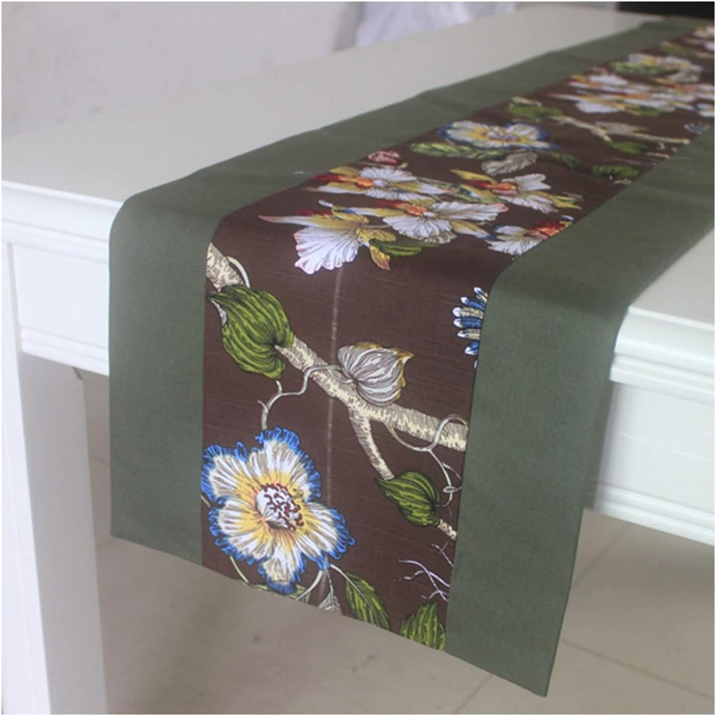 Wedding Table Runner,33x160CM,Flowers Decorative Table Runner Cotton Canvas,Autumn Table Runner Rectangle Army Green Beige Yellow