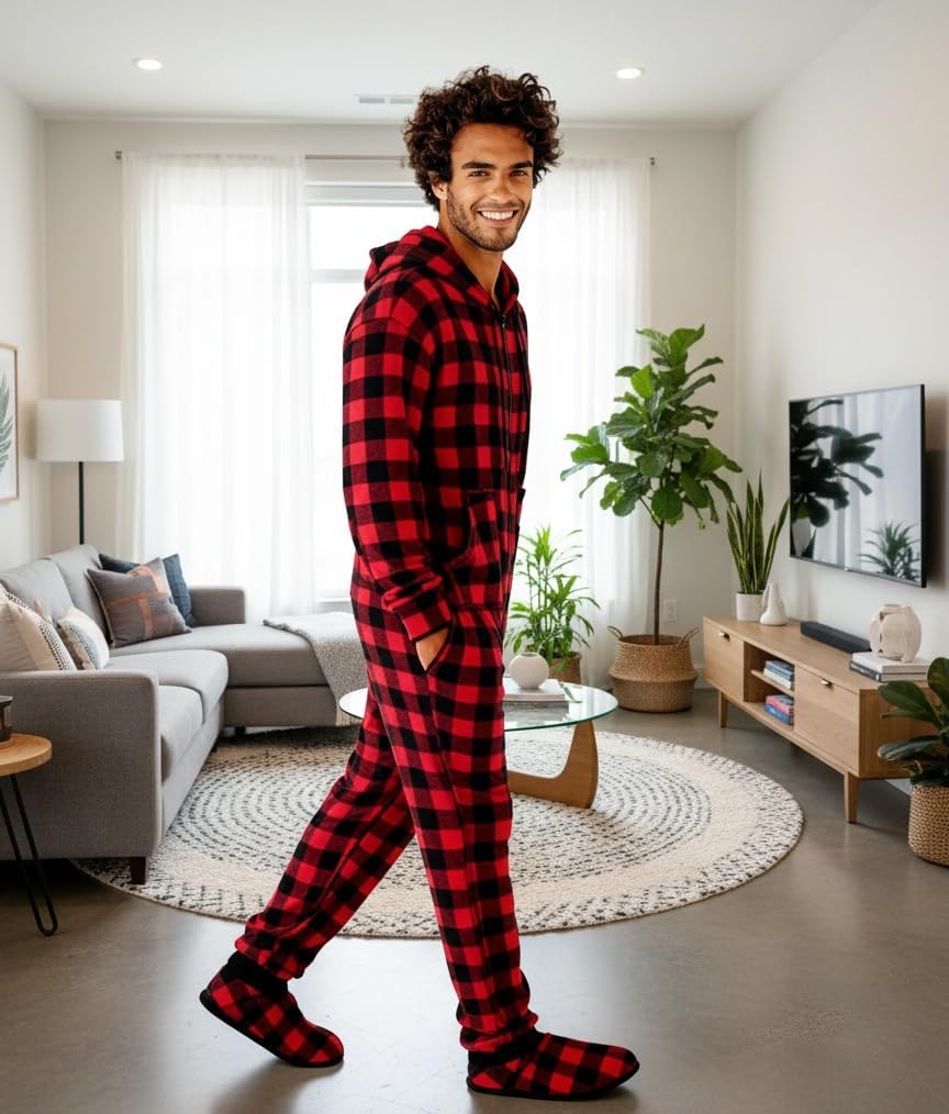 Alexander Del Rossa Adult Onesies for Men, Mens Onesie Pajamas Adults, Fleece Onesie for Men, Hooded Footed Mens Onsie