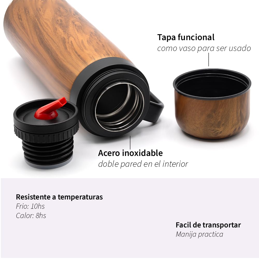 Kit con Mate, Termo y Bombilla de Acero Inoxidable - incluye vaso térmico con doble pared - libre de BPA (Marrón)