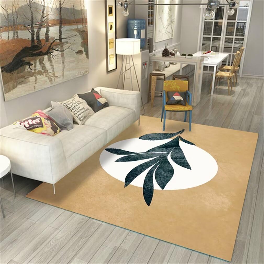 Tapis de Salon Grand Format Anti-Taches Motif Feuilles Élégant
