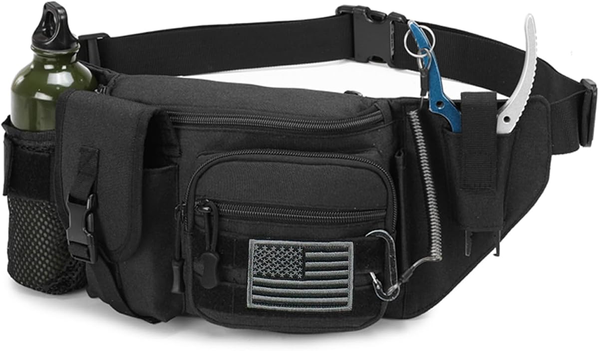 Riñonera táctica para hombres, riñonera militar, cinturón de cadera ajustable, bolsas EDC para pesca al aire libre, senderismo, caza, con bolsa para portabotellas y parche de bandera de EE. UU. (negro)