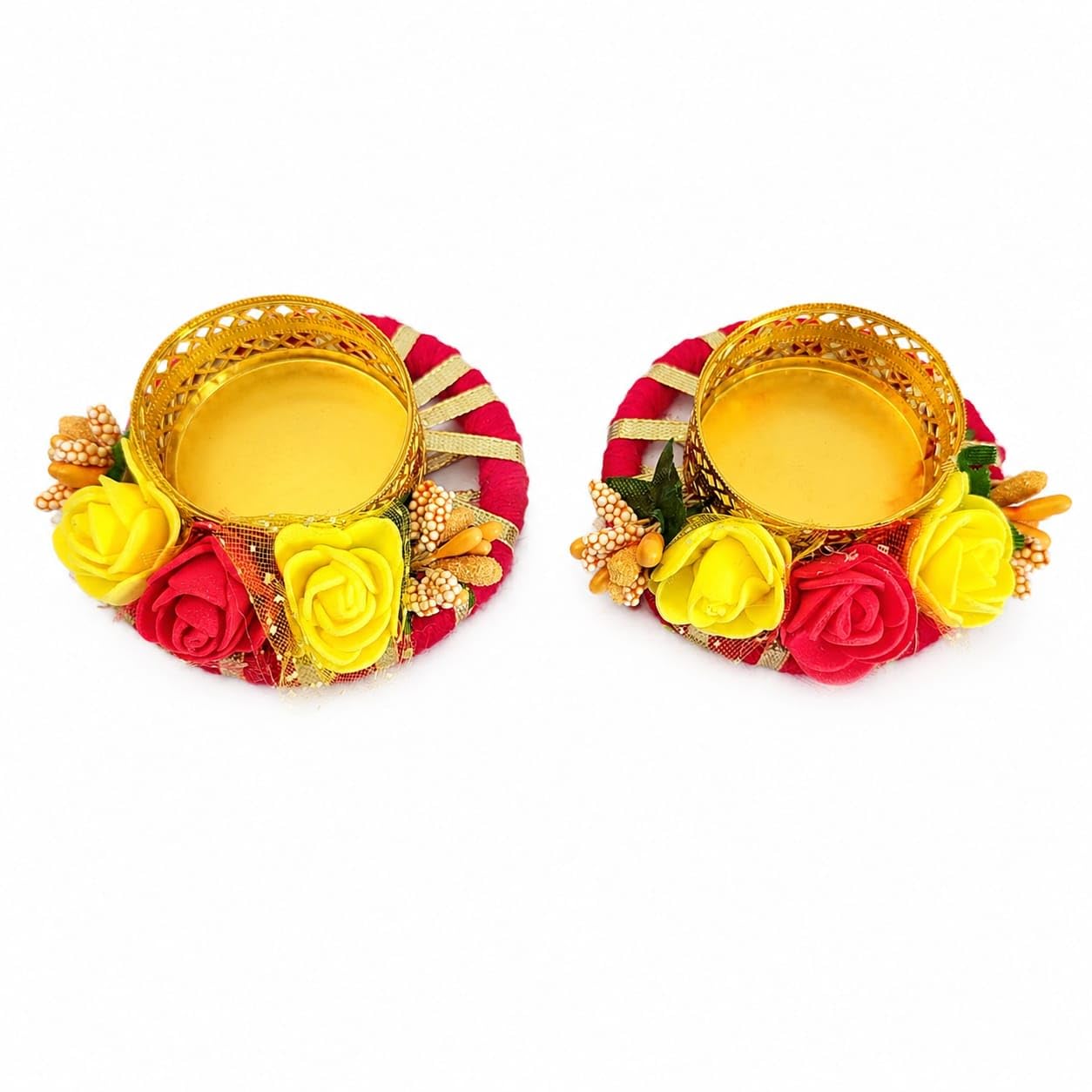 Handmade Floral Diya Holder Set Red & Yellow Foam Roses | Set of 2, Festive Pooja Decor, Golden Lace Detail, Diwali & Navratri, Return Gift Suitable-image-10