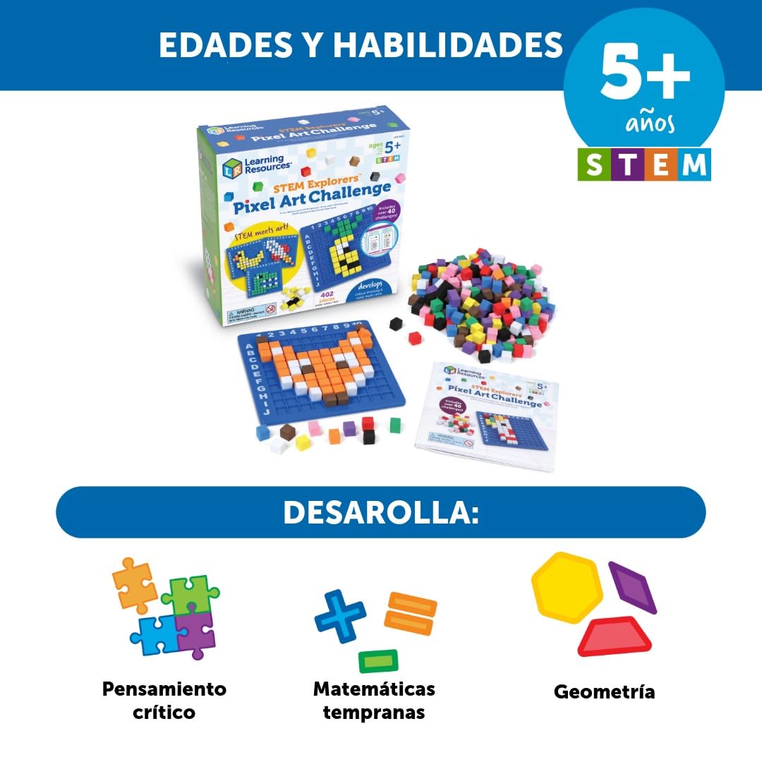 Learning Resources Pixel Art Challenge – Juego Stem para Niños 5+ – 402 Piezas con Cubos Píxel – Manualidades Educativas sin Pantalla